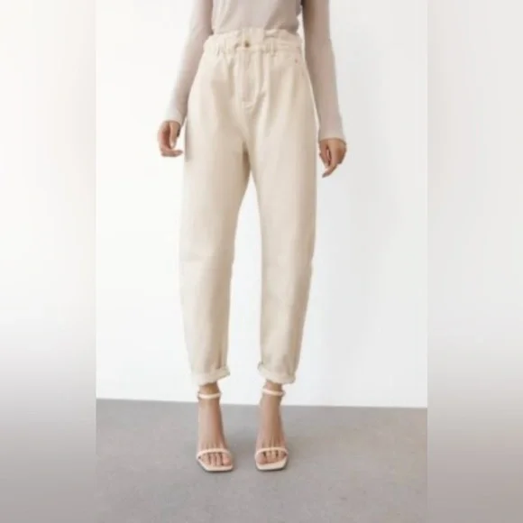 Zara White Paperbag Waist Trousers Jeans Size 10 - Picture 2 of 12